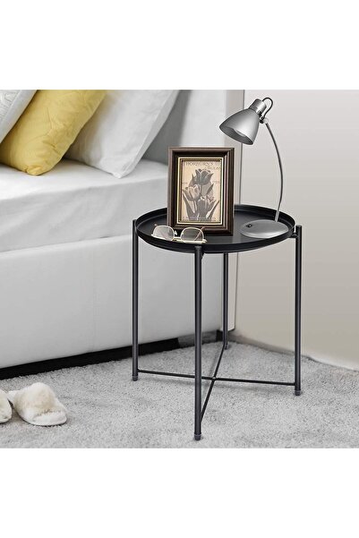 Generic SKY-TOUCH Round Metal Tray Table with Detachable Tray Top, Waterproof, 42×53 cm, Black