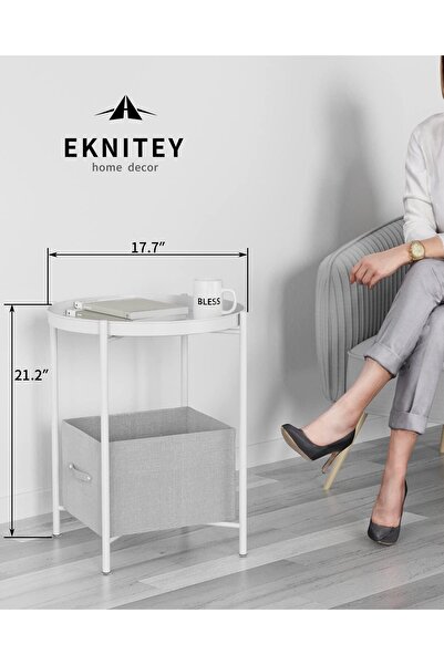 EKNITEY Folding Metal End Table with Removable Tray - White