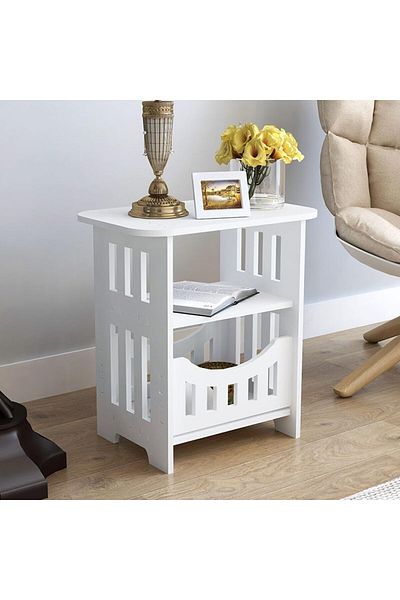 COOYA Double Layered White Narrow Bedside Table,Modern,46x30x50 cm,3-Tier Storage Space,for Home