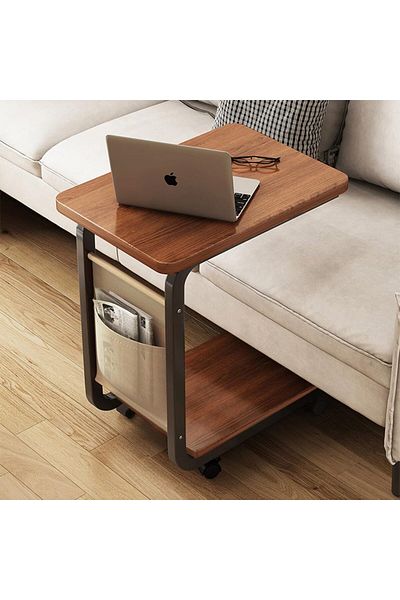 Generic QEUUNEY C Shaped End Table with Wheel, Couch Table with Side Pockets, Side Table for Couch, Sofa, B