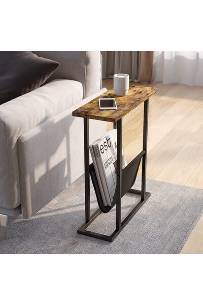 Chulovs Small Narrow Slim Side Table with Storage Pouch, Brown