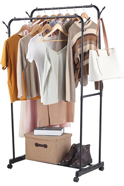 Lawazim Sturdy Space-Saving Double-Rod Freestanding Clothes Rack with Shoe Sh...