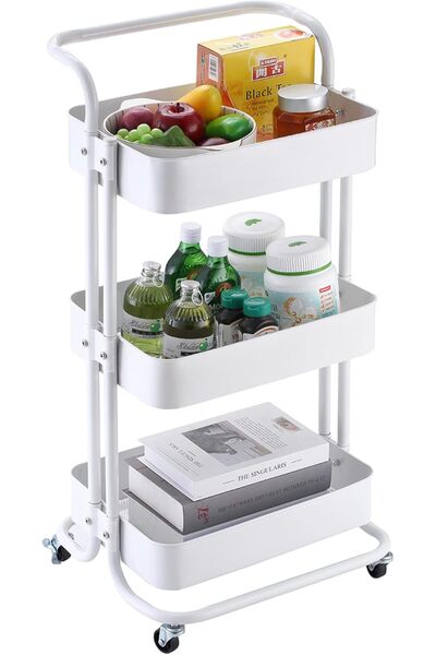 Lawazim 3-Tier White Mobile Kitchen Basket - Multi-Purpose Carbon Steel Rolli...