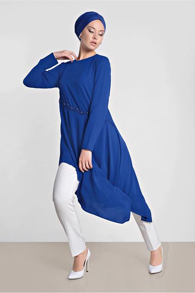 TRENDTESETTÜR Women's Navy Blue (SAKS) Asymmetric Cut Tunic 4250