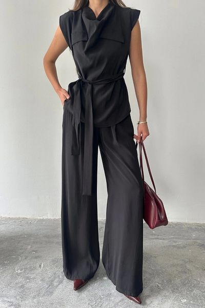 nedo7 Modal Sleeveless Bluz Off Pocket Detail Drape - Pants Suit - Black