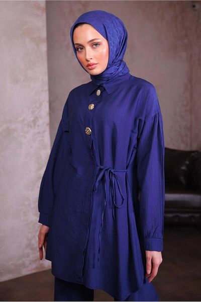 TRENDTESETTÜR Women's Navy Blue Tie-Up Detail Pants Suit t 8884