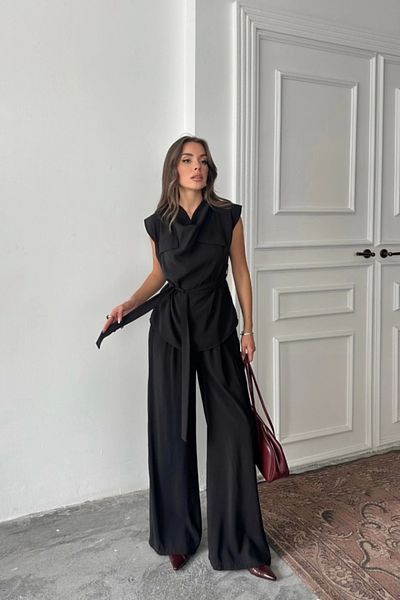 nedo7 Modal Sleeveless Bluz Off Pocket Detail Drape - Pants Suit - Black