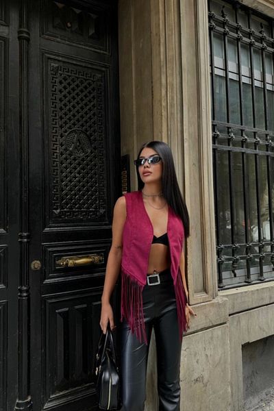 nedo7 Suede Tasseled Vest - Claret Red