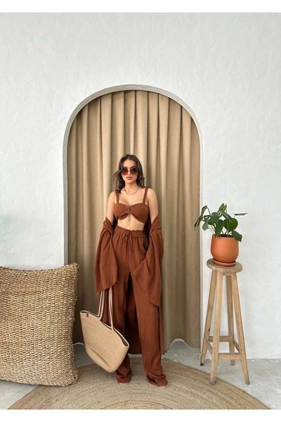 nedo7 Krinkill Bustier-Pant-Kimono Suit - Brown