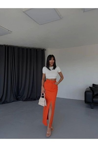 nedo7 Gabardine Long Slit Skirt - Orange