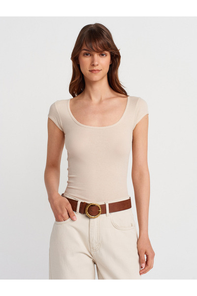 Dilvin 31807 Μπλουζάκι με λαιμόκοψη-Μπεζ
