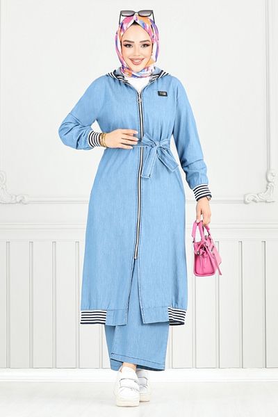 ModaMerve Hooded Denim Suit 351Mss941-M Light Denim
