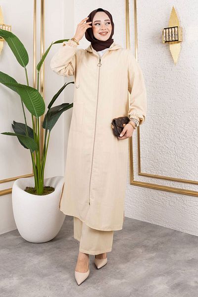 Tesettür Dünyası Hooded Zippered Suit Tsd250167 Beige