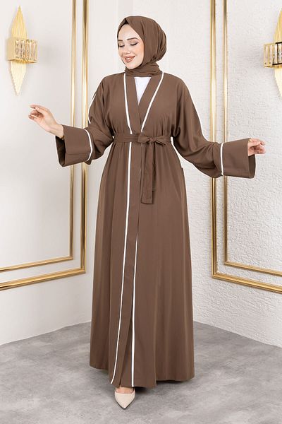Tesettür Dünyası Abaya με λεπτομέρεια με κουμπωτό σάλι TSD250174 Καφέ