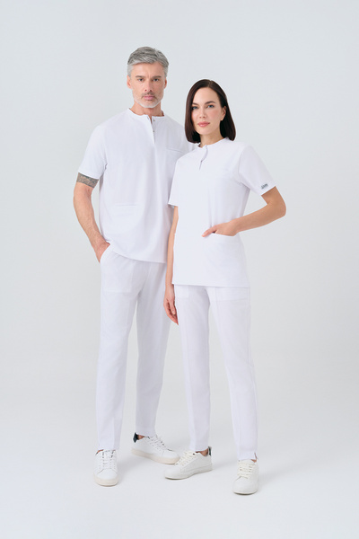 ÇİZGİ MEDİKAL بدلة بيضاء رائعة من الليكرا للدعك، زي طبيب وممرضة من القماش الم...