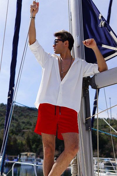Miami Beach Red Color Standard Size Men's Swimwear Swim Shorts 350-K