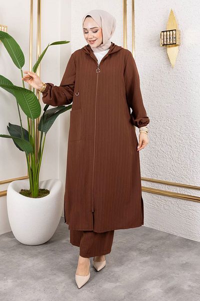 Tesettür Dünyası Hooded Zippered Suit Tsd250167 Brown