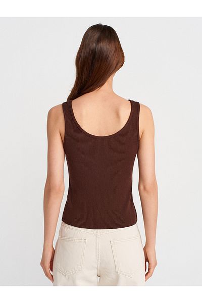 Dilvin 10748 Strappy Corded Fine Textured Knitwear Blouse-Brown