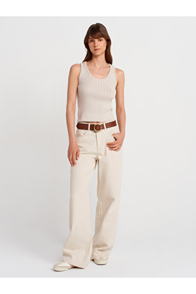 Dilvin 10759 Corded Openwork Knitwear Blouse-Stone