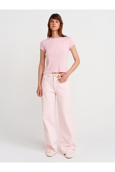 Dilvin 71994 Piecepaint Wideleg Denim Trousers-Pink