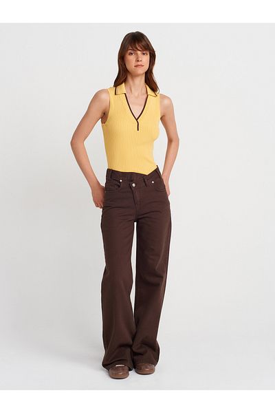 Dilvin 71991 Asymmetrical Cotton Denim Pants-Brown