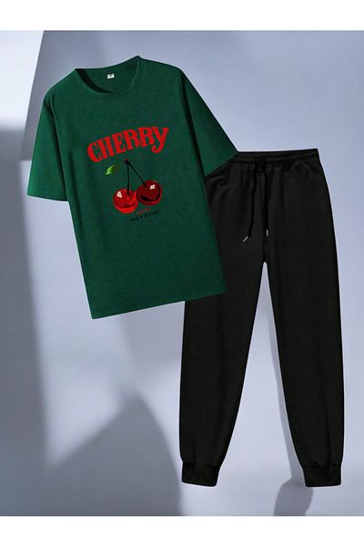 uyguntarz Unisex Happy Cherry Design bedrucktes T-Shirt-Trainingsanzug-Set