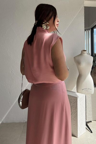 ELVAN TOLON Pink Satin Blouse Skirt Set