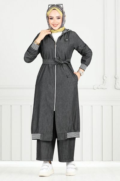 ModaMerve Hooded Denim Suit 351Mss941-M Black