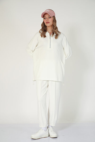 Suede Style 5625 - Κομψό άνετο γυναικείο σετ με με κουκούλα παντελόνια με φερμουάρ