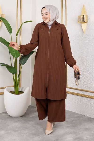 Tesettür Dünyası Pocket Detailed Zippered Suit Tsd250168 Brown