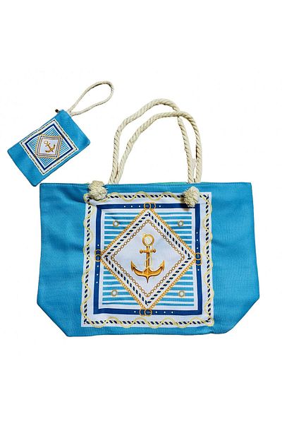 CRACOS Beach bag and wallet set, gold anchor print, metal zipper, blue, 55 x 37 x 15 cm