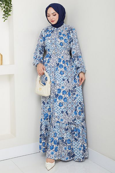 InStyle Rochie din viscoză albastră cu flori de azalea
