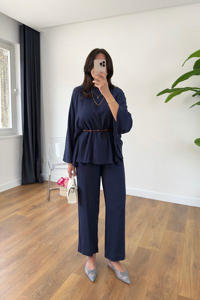 BİRCANÇİL Vera Navy Blue Back Bias Drawstring Cape Linen Set