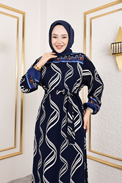 Tesettür Dünyası Gül Desenli Viskon Uzun Tesettür Elbise TSD250178 Lacivert