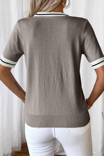 TRQOM Women's Sailor Model V-Neck College Style Stripe Polo Style Gray Blouse