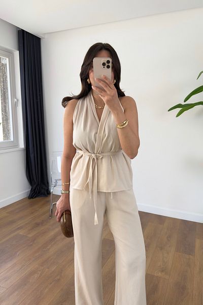 BİRCANÇİL Wilda Stone Belt Detailed Blouse Trousers Set