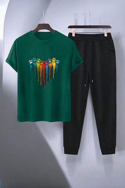uyguntarz Unisex Paw Heart Design bedrucktes T-Shirt-Trainingsanzug-Set