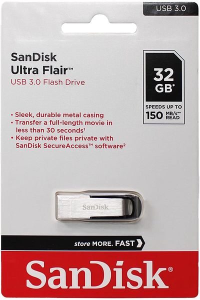 SanDisk محرك أقراص فلاش USB 3.0 فائق السرعة بسعة 32 جيجابايت - تصميم فضي أنيق، هيكل معدني متين