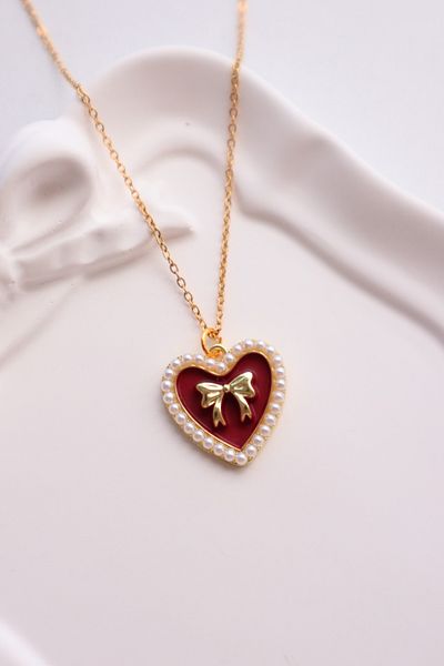 EFBUTİK Gold Color Chain Red Pearl Heart Bow Imported Necklace