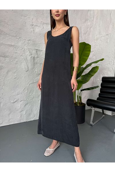 Elif Özbey Butik Μαύρο Premium Μακρύ Φόρεμα με Χοντρό λουράκι