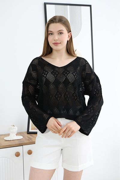 ALCHON Wide Churned V-Neck Argyle Pattern Comfortable Fit Long Sleeve Openwork Perforated Summer Stylish Tirko Pullover Blouse