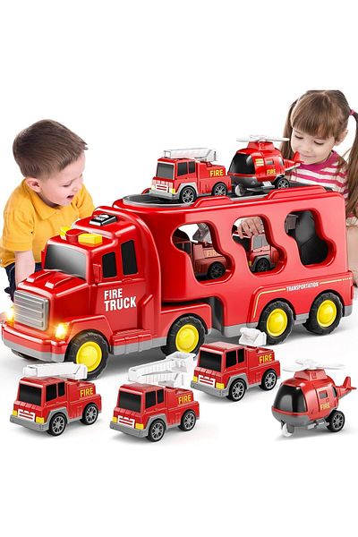 Yelajoy 5 in 1 Fire Car Truck Toys for Kids, With Light and Sound, Carrier Vehicle and 4 Cars, Gift for 3+