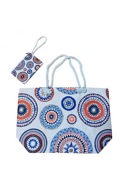 CRACOS Set geanta de plaja si portofel, motive Mandala, fermoar metalic, alb/multicolor, 55 x 37 x 15 cm