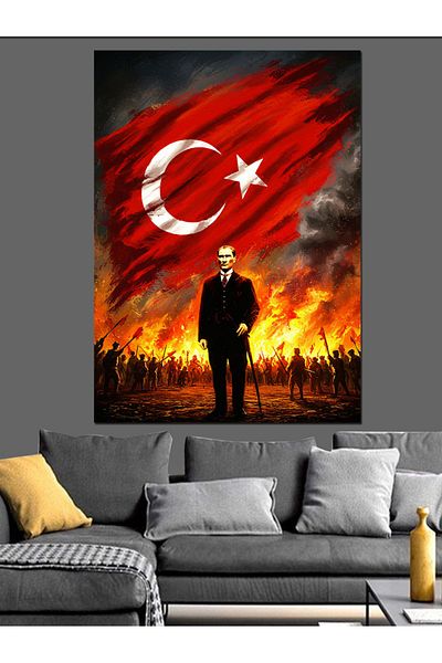 Tablomega Mustafa Kemal Atatürk and Flag Decorative Canvas - Mdf Wooden Painting