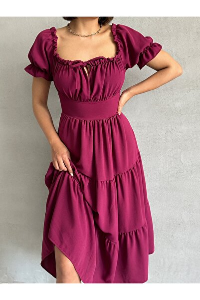 BEJNA Women's Plum Collar Gathered Stretch Dress