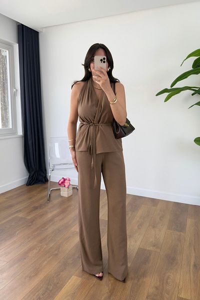 BİRCANÇİL Wilda Brown Belt Detailed Blouse Trousers Set