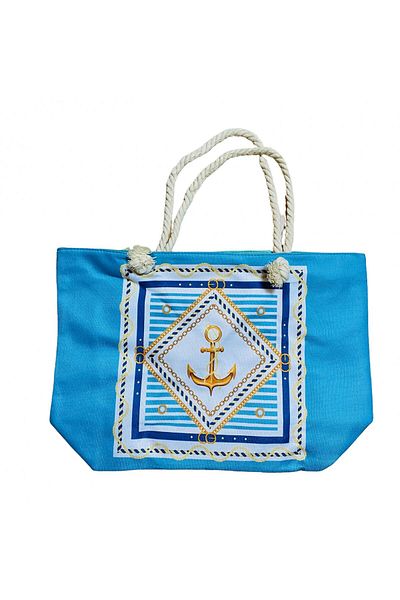 CRACOS Beach bag and wallet set, gold anchor print, metal zipper, blue, 55 x 37 x 15 cm