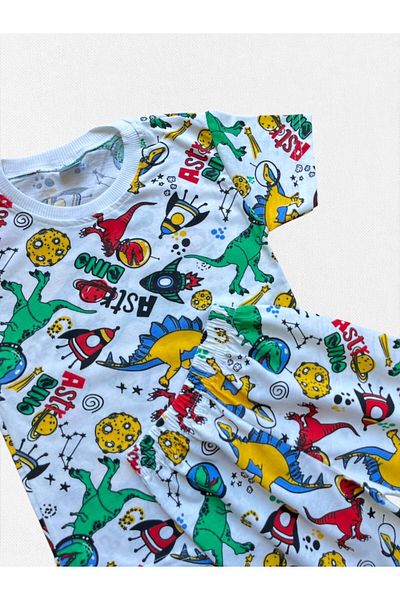 Fil Kids Boys' Cotton Fabric White Dinosaur Space Rocket Pattern Short Sleeve Shorts Summer Pajamas Set