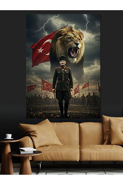 Tablomega Mustafa Kemal Atatürk and Lion Decorative Canvas - Mdf Wooden Painting