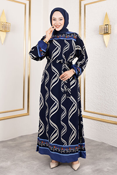 Tesettür Dünyası Gül Desenli Viskon Uzun Tesettür Elbise TSD250178 Lacivert